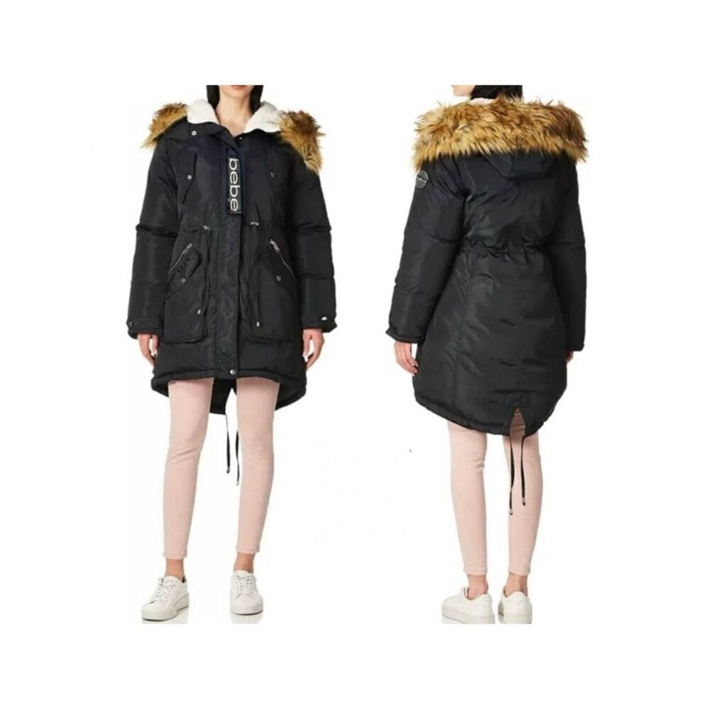 NWT bebe Sz M Black Parka Anorak Hoodie Sherpa Puffer Jacket with Removable Fur
